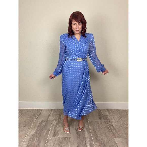 Size M | Vintage 1980s 80s Periwinkle Puff Balloon Long Sleeve Ethereal Dress - Picture 4 of 10